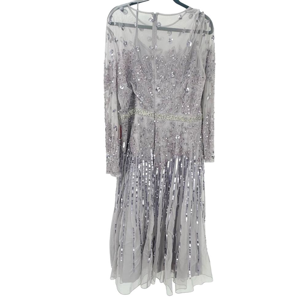 Mac Duggal Mesh Sequin Long Sleeve Belted Tea Dress Vintage Lilac Size 18 NWT - Picture 10 of 13
